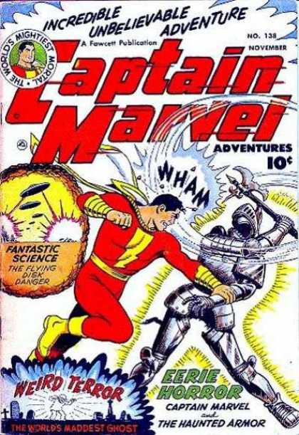 Captain Marvel Adventures 138 - Haunted Armor - Flying Disk Danger - Worlds Maddest Ghost - Suit Of Armor - Captain Marvel - Clarence Beck