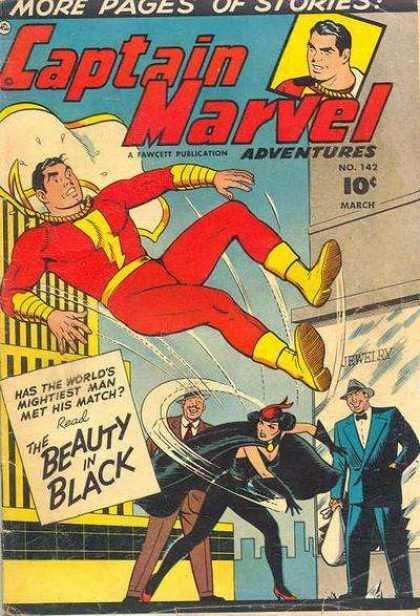 Captain Marvel Adventures 142 - Has The Worlds Mightiest Man Met His Match - The Beauty In Black - Cape - Jewelry - Sky - Clarence Beck