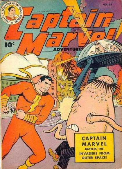 Captain Marvel Adventures 65 - 10 Cents - Invaders From Outer Space - Aliens - Superhero - Spaceship - Clarence Beck