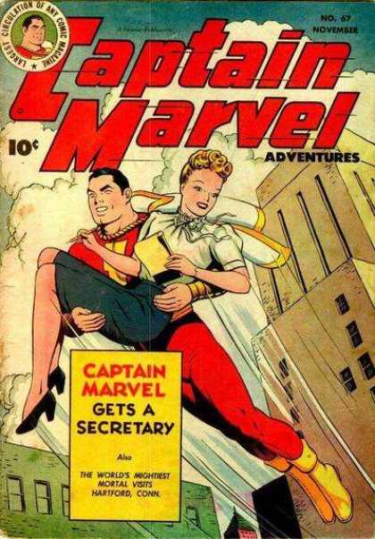 Captain Marvel Adventures 67 - Building - Sky - Fly - Woman - Pencil Skirt - Clarence Beck