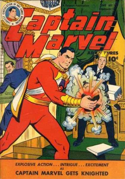 Captain Marvel Adventures 69 - Captain Marvel Gets Knighted - Gold Wrist Band - Green Curtain - Explosive Action - Gold Crown - Clarence Beck