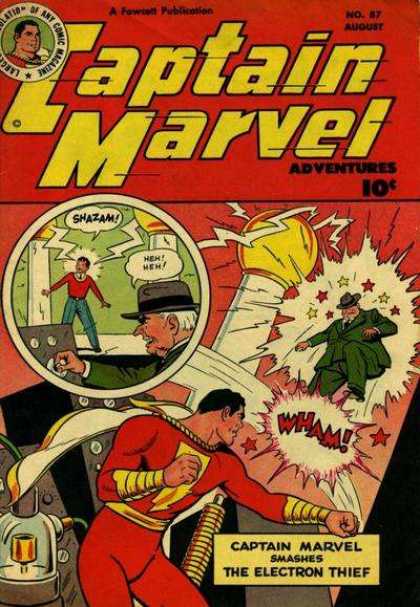 Captain Marvel Adventures 87 - Captain Marvel - Shazam - Electron Thief - Electricity - Captain Marvel Smashes Electron Thief - Clarence Beck