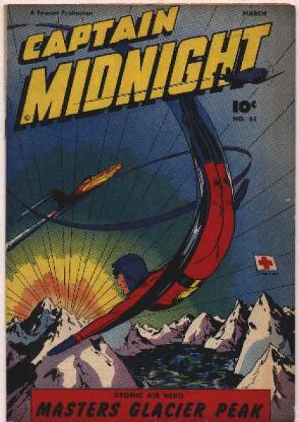 Captain Midnight 61 - Flying - Airplane - Bomb - Red Cross Flag - Mountains