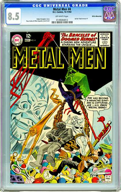 CGC Graded Comics - Metal Men #4 (CGC) - The Bracellet Of Doomed Neroes - A Daring New Adventure Starring The Unique - Tin Has Become A Menacing Giantand Is Capturing Us His Own Metal Brand - Art - Hanging