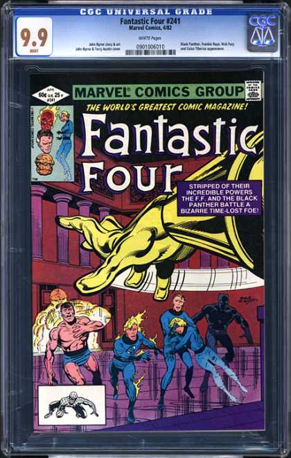CGC Graded Comics - Fantastic Four #241 (CGC) - Back And White Spiderman - Battle A Bizarre Time-lost Foe - Columns In A Row - Large Gold Gloved Hand - Stripped Of Their Incredible Powers