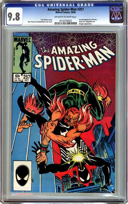 CGC Graded Comics - Amazing Spider-Man #257 (CGC) - Spiderwebs - Dark Costume - Falling Off Building - Hairy Man With Red Hair - Reddish Sky