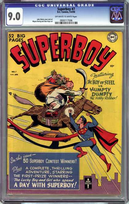 CGC Graded Comics - Superboy #7 (CGC) - Humpty Dumpty - The Hobby Robber - Rocking Horse - Bag Of Toys - Sword