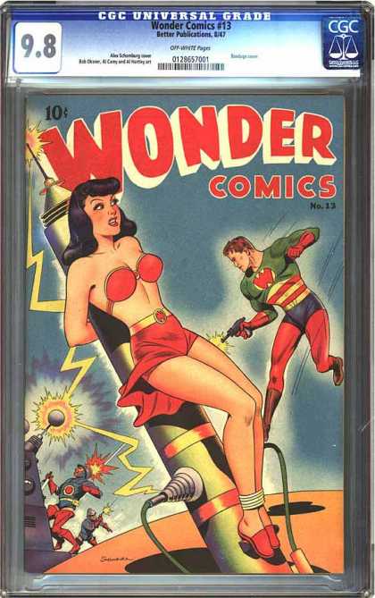 CGC Graded Comics - Wonder Comics #13 (CGC) - Woman In Bikini - Man Shooting Gun - Electrodes - Electricity Bolts - Two Goons