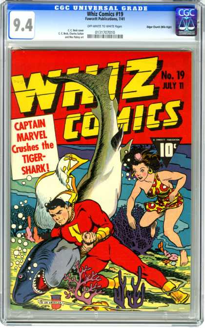 CGC Graded Comics - Whiz Comics #19 (CGC) - Whiz Comics - Captain Marvel - Captain Marvel Crushes The Tiger-shark - Underwater - No 19