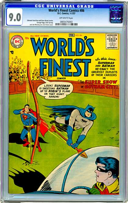 CGC Graded Comics - World's Finest Comics #86 (CGC) - Speeding Arrow - Battle In The Coliseum - Superman Blasts Away Batman - Batman Really Can Fly - Robin Flees The Scene