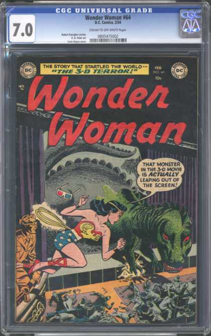 CGC Graded Comics - Wonder Woman #64 (CGC) - Wonder Woman - Dinosaur - Movie Screen - 3d - Glasses