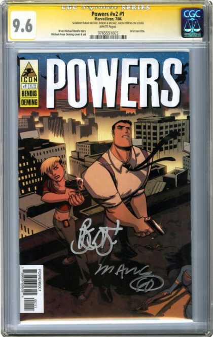 CGC Graded Comics - Powers #v2 #1 (CGC) - Powers - Autographed - Flying Tie - Man U0026 Woman With Guns - Rooftop