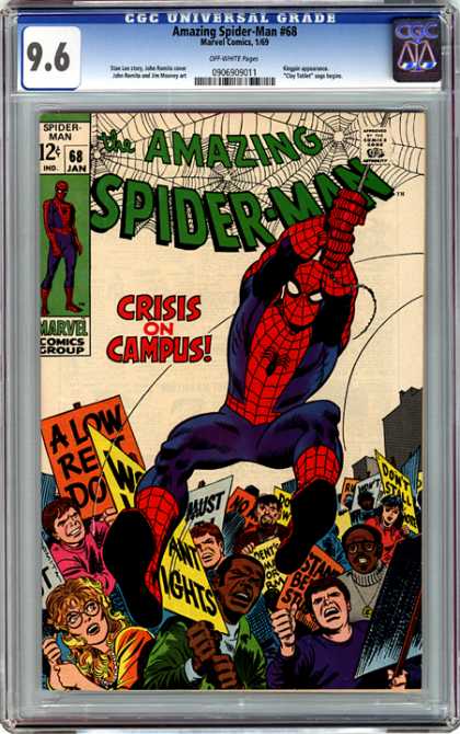 CGC Graded Comics - Amazing Spider-Man #68 (CGC) - The Amazing Spider-man - Crisis On Campus - Amazing Spider-man 68 - Marvel Comics Groups - Protest Signs