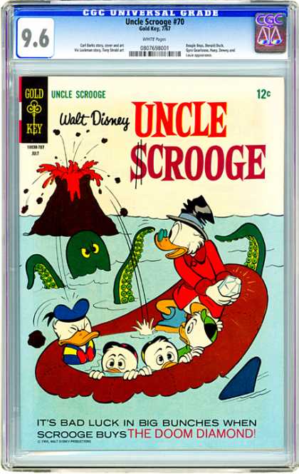 Scrooges Volcano - Scrooges Octupus - Scrooge And Family Stuck In A Raft - Scrooge Battles Sea Monsters - Sharks Go After Scrooge And Family CGC Graded Comics - Uncle Scrooge #70 (CGC) - Scrooges Volcano - Scrooges Octupus - Scrooge And Family Stuck In A Raft - Scrooge Battles Sea Monsters - Sharks Go After Scrooge And Family