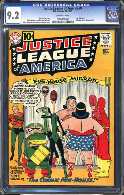 CGC Graded Comics - Justice League of America #7 (CGC) - Fun House Mirror - Wonder Woman - The Cosmic Fun House - Super Heroes - Costumes