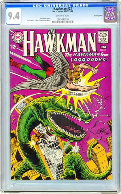 CGC Graded Comics - Hawkman #23 (CGC) - Dinosaur Slayer - Prehistoric Super Hero - Green Tights Takes On Green Dinosaur - From 1million Bc To Skyscrapers - Dinosaur Gets Dental Treatment
