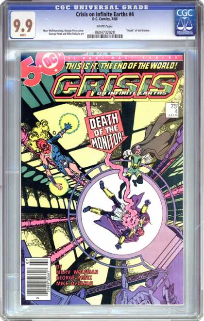 CGC Graded Comics - Crisis on Infinite Earths #4 (CGC) - Death - The End - Capes - Yellow Magic - Monitor