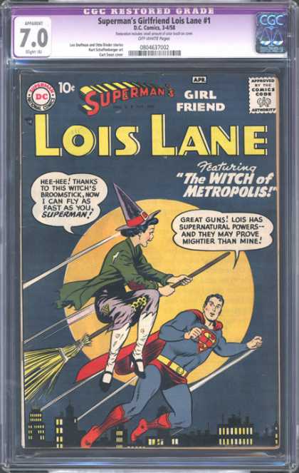 CGC Graded Comics - Superman's Girlfriend Lois Lane #1 (CGC) - Supermans Girlfriend Lois Lane - Witch Flying On A Broom - Full Moon - Night Time City - The Witch Of Metropolis