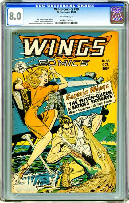 CGC Graded Comics - Wings Comics #98 (CGC) - Wings Comics - Woman - Man - Airplane - Crocodile