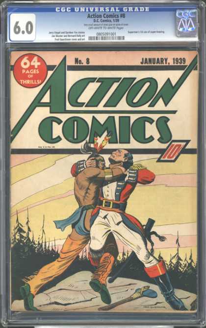 CGC Graded Comics - Action Comics #8 (CGC) - Its An Action Comics - Two Person Are Fighting Each Other - One Is A British Person - Another One Is A Village Person - British Person Having Nife And Village Person Having Stone Hammer