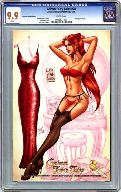 CGC Graded Comics - Grimm Fairy Tales #28 (CGC) - Hot Redhead - Bra And Panties - Garder Belt - Black Stockings - Red Dress Hanging On The Wall
