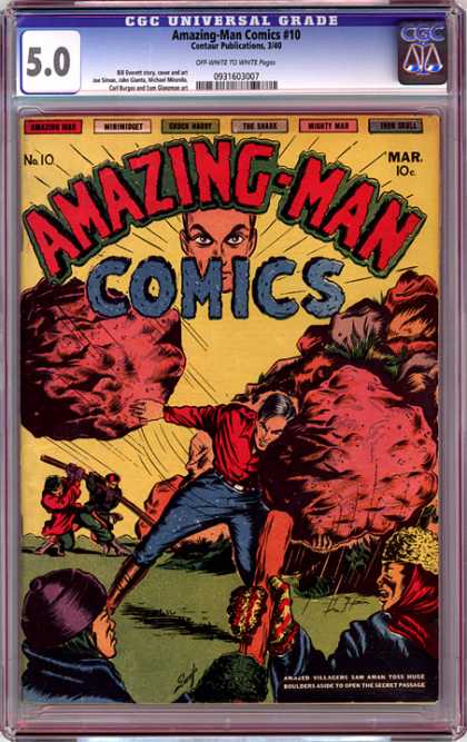 CGC Graded Comics - Amazing-Man Comics #10 (CGC) - Amazing-man - Rocks - March - No 10 - Red Shirt