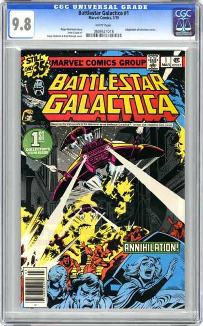 CGC Graded Comics - Battlestar Galactica #1 (CGC) - Cylon Raiders - Attacking With Lasers - People Fleeing - Explosions - Annihilation