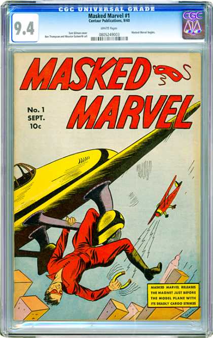 CGC Graded Comics - Masked Marvel #1 (CGC) - Masked Marvel - Red - Yellow - Plane - Flying