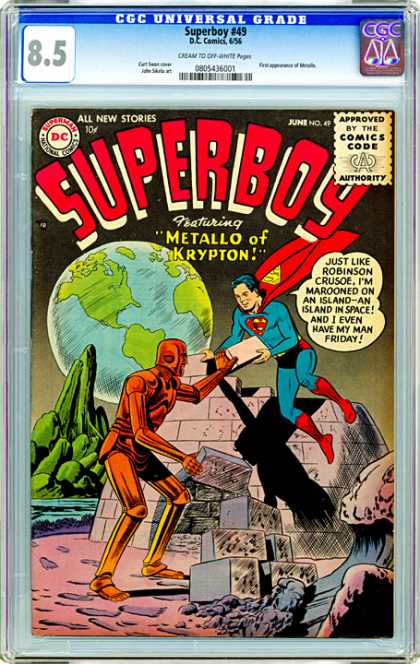 CGC Graded Comics - Superboy #49 (CGC) - Metallo - Earth - Marooned - Man Friday - Alone