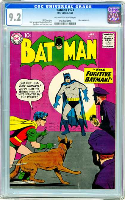 CGC Graded Comics - Batman #123 (CGC) - Batman Killer Or Saver - The Hunt For Batman - Robin Chasing A Criminal Known Batman - Image Of Batman Degrading - Police Fighting Crime Plus Batman