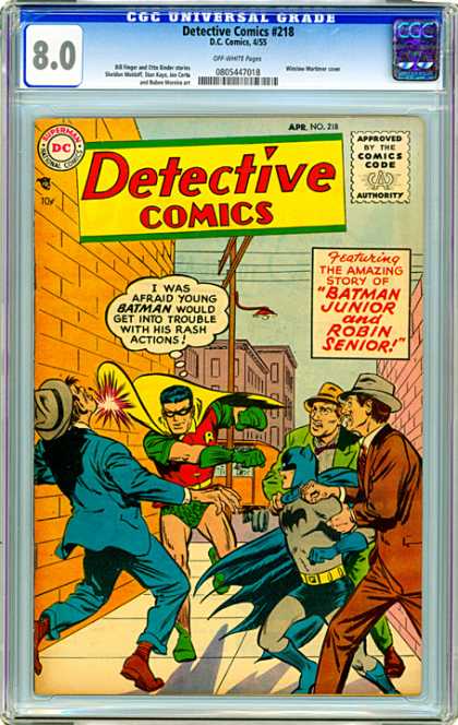 CGC Graded Comics - Detective Comics #218 (CGC) - Detective Comics - Batman Junior - Robin Senior - Fight - Alleyway