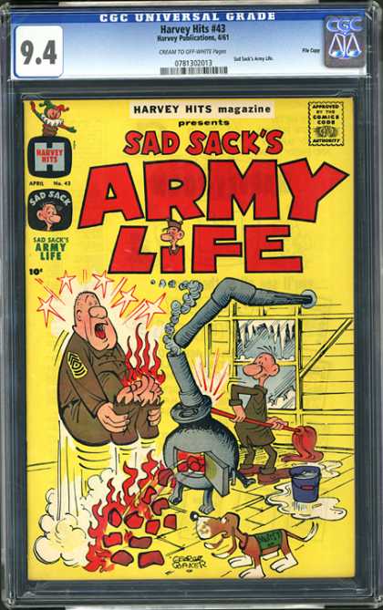 CGC Graded Comics - Harvey Hits #43 (CGC) - Sad Sack - Army Life - Boiler - Flames - Dog