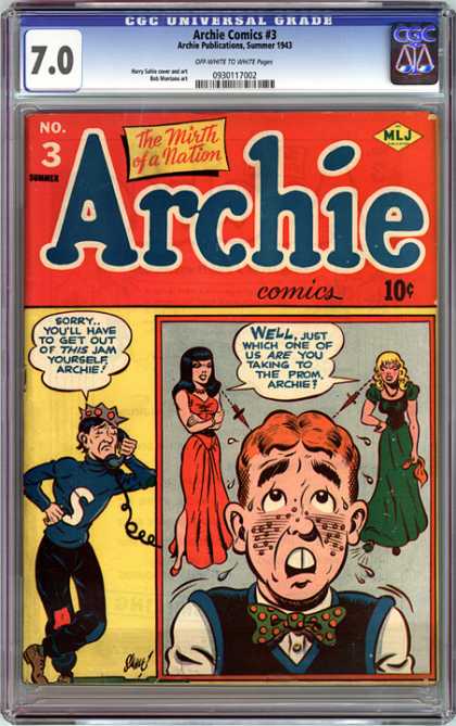 CGC Graded Comics - Archie Comics #3 (CGC) - Archie - Telephone - Bow Tie - Crown - Red Dress