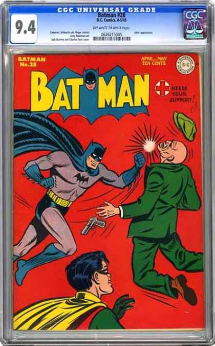 CGC Graded Comics - Batman #28 (CGC) - Batman And Robin - 28 Issue - Batman Hitting Man In Green - Robin Standing In The Front - Red Cross Needs Your Support