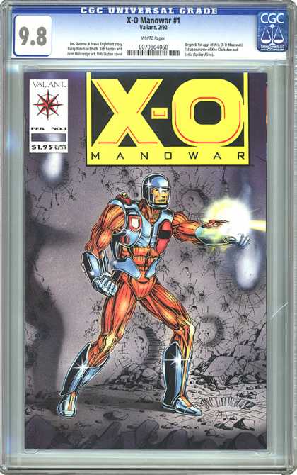 CGC Graded Comics - X-O Manowar #1 (CGC) - Helmet - Externalized Muscles - Silver Gloves - Laser On Arm - Crumbled Pavement