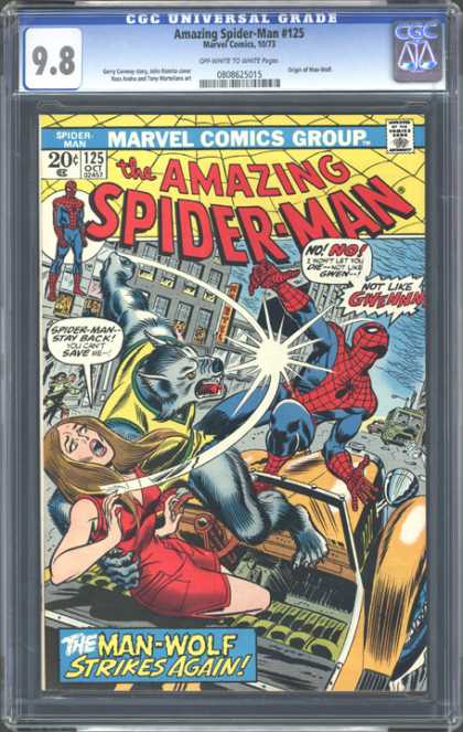 CGC Graded Comics - Amazing Spider-Man #125 (CGC) - Helpless Woman - Hairy Villian - Antique Automobile - Yellow Spiderweb - Busy Street