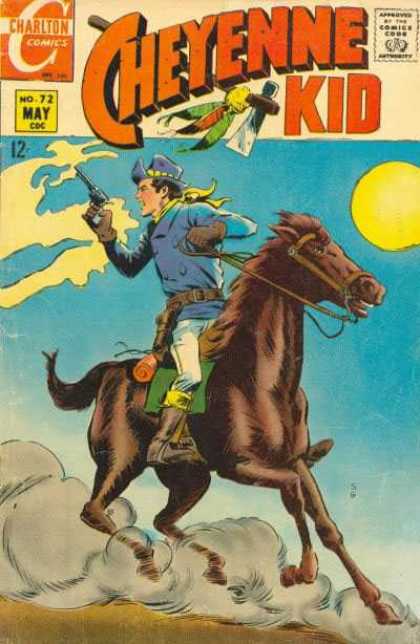 Cheyenne Kid 72 - Brown Horse - Moon - Gun - Dust Cloud - Green Saddle Blanket