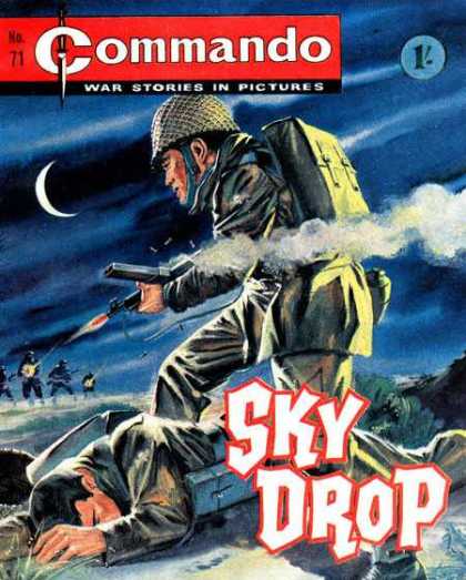 Commando 71 - War Stories In Pictures - Issue Number 71 - Sky Drop - Soldier Shooting A Gun - Dark Sky In Background