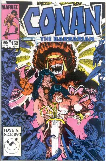 Conan the Barbarian 152 - Barbarian Comics - Issue Number 152 - November Issue Of Marvel Comics - Have A Nice Day - Man And Woman On Front Grabbing A Sword - Michael Golden