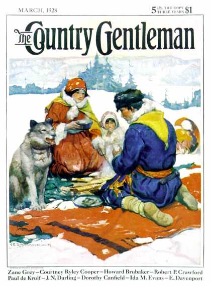 Country Gentleman - 1928-03-01: Eskimo Family Meal (Frank E. Schoonover)