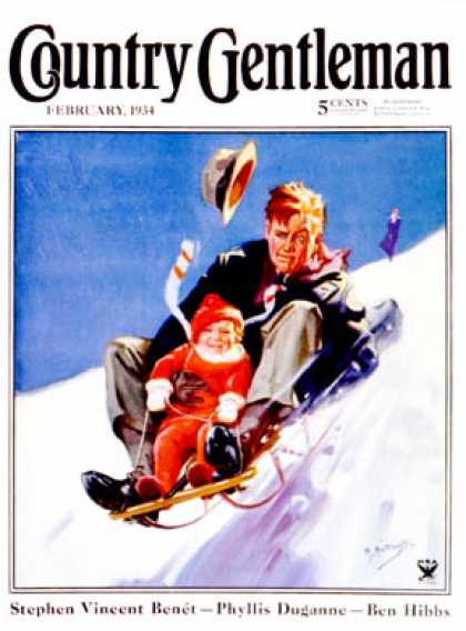 Country Gentleman - 1934-02-01: Father & Child on Sled (Henry Hintermeister)