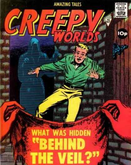 Creepy Worlds 147 - What Was Hidden Behind The Veil - Creepy Worlds - Red Letters And Red Hands - Frightened Man With Death Behind His Back - Eerie