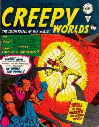 Creepy Worlds 168 - The Death Knell Of The World - Man In Yellow Outfit - Red And Yellow Explosion - Man With Dark Beard - Collision Of Two Worlds