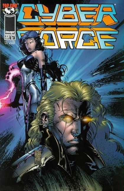 Cyberforce 33 - Glowing Eyes - Buxom Heroine - Image - Brooding Hero - Shiny Clothes - David Finch