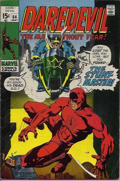 Daredevil 64 - The Man Without Fear - The Stunt Master - Green Motocycle - Devils Horns - Red Costume - Gene Colan