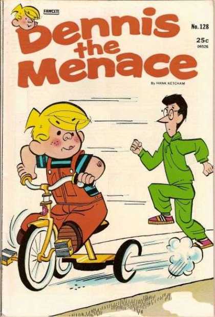 Dennis the Menace 128 - Tricycle - Yellow Hair - Green Jogging Suit - Red Overalls - Striped Tee Shirt