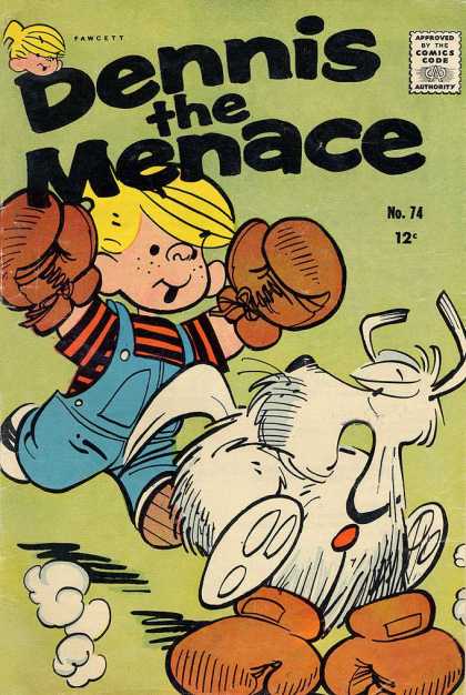 Dennis the Menace 74 - Boxing Gloves - Blonde Hair - White Dog - Chasing - Blue Overalls