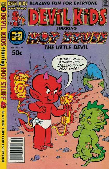Devil Kids 103 - Hot Stuff The Little Devil - Red Devil - Green Dinosaur - Cave - Flaming Phone