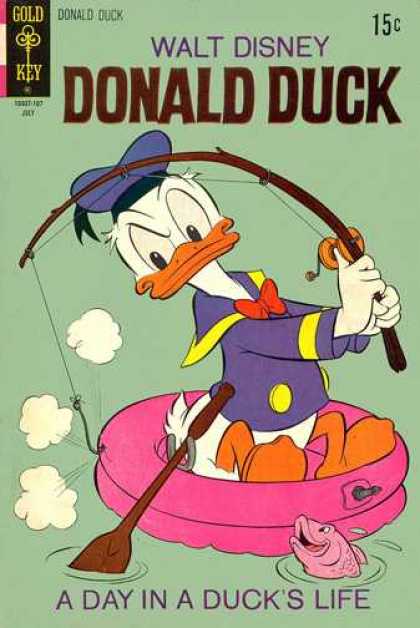 Donald Duck 138 - Walt Disney - Lbent Fishing Pole - Pale Green Background - A Day In A Ducks Life - Round Pink Raft