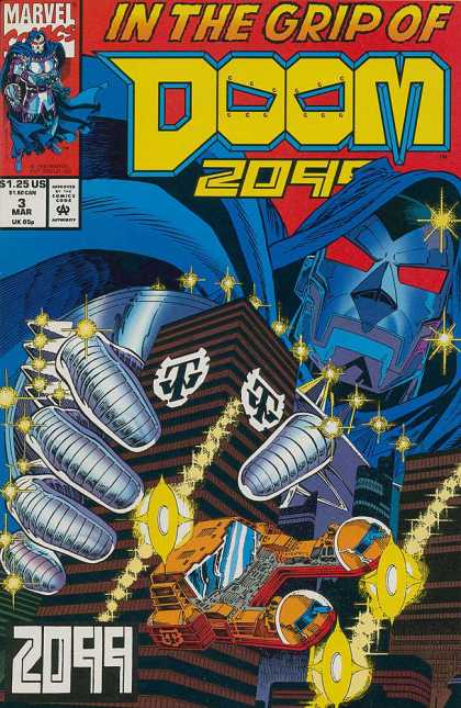 Doom 2099 3 - Giant Dr Doom - Hand Crushing Building - Yellow Sparks - Flying Yellow And Red Car - Mar 3